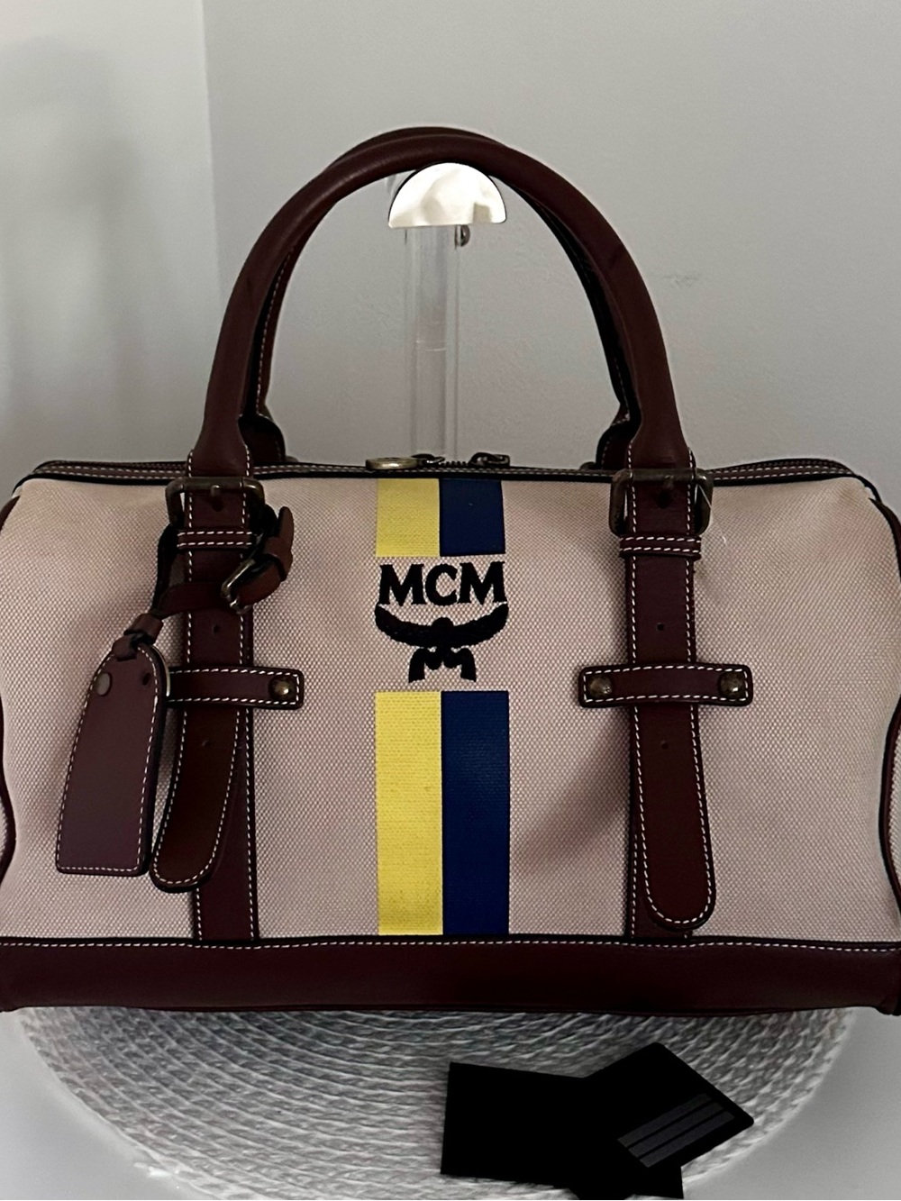 MCM Limited Beige Canvas Brown Leather Trim Boston Weekender Duffle Bag Unisex